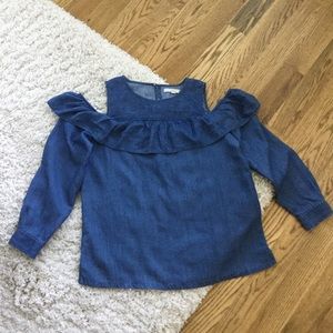LOFT Chambray Ruffle Cold Shoulder Top